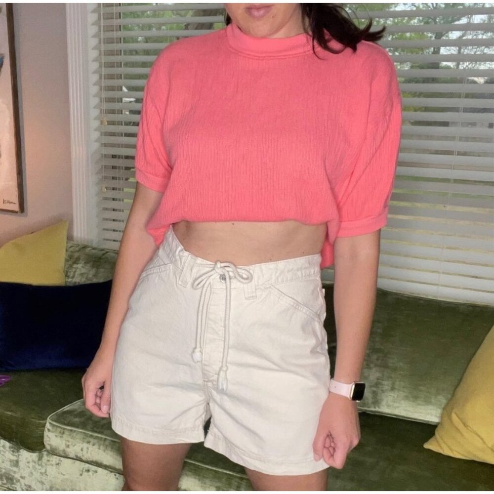 Vintage 80s Fixsun Casual Cropped Short Sleeve Top Size Large Coral Ribbed